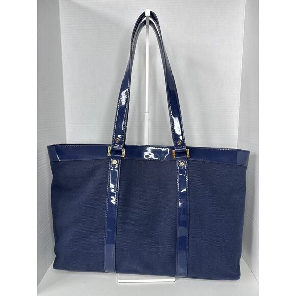 Tory Burch Canvas Jane Tote navy patient leather Shoulder Bag - Picture 3 of 14